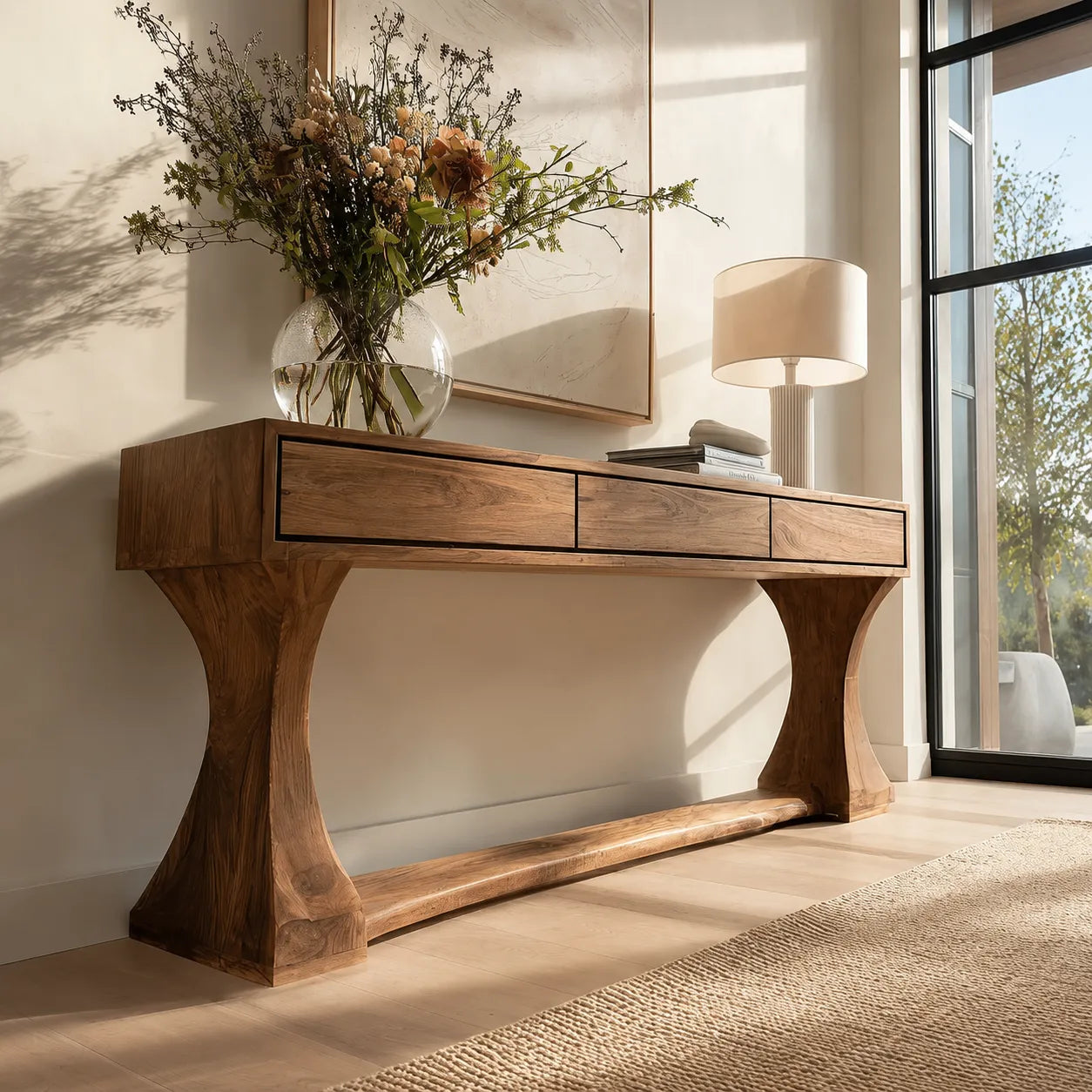 Natural Solid Wood Console Table with Drawers and Sculptural Base - Livewoodcraft - 7