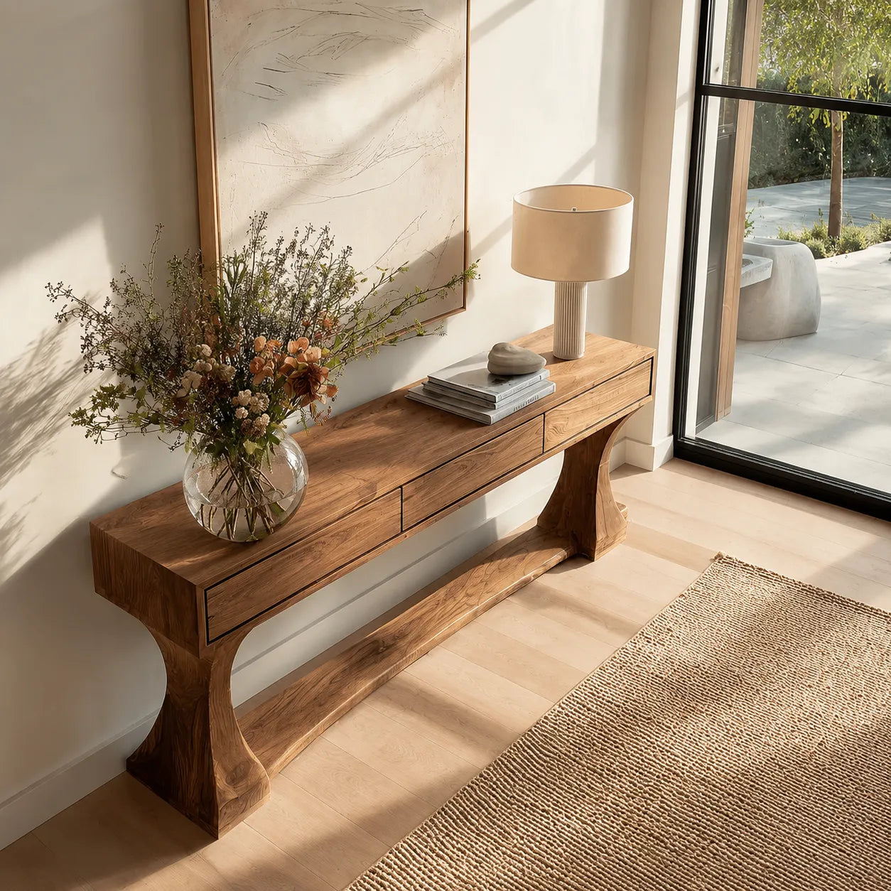 Natural Solid Wood Console Table with Drawers and Sculptural Base - Livewoodcraft - 8