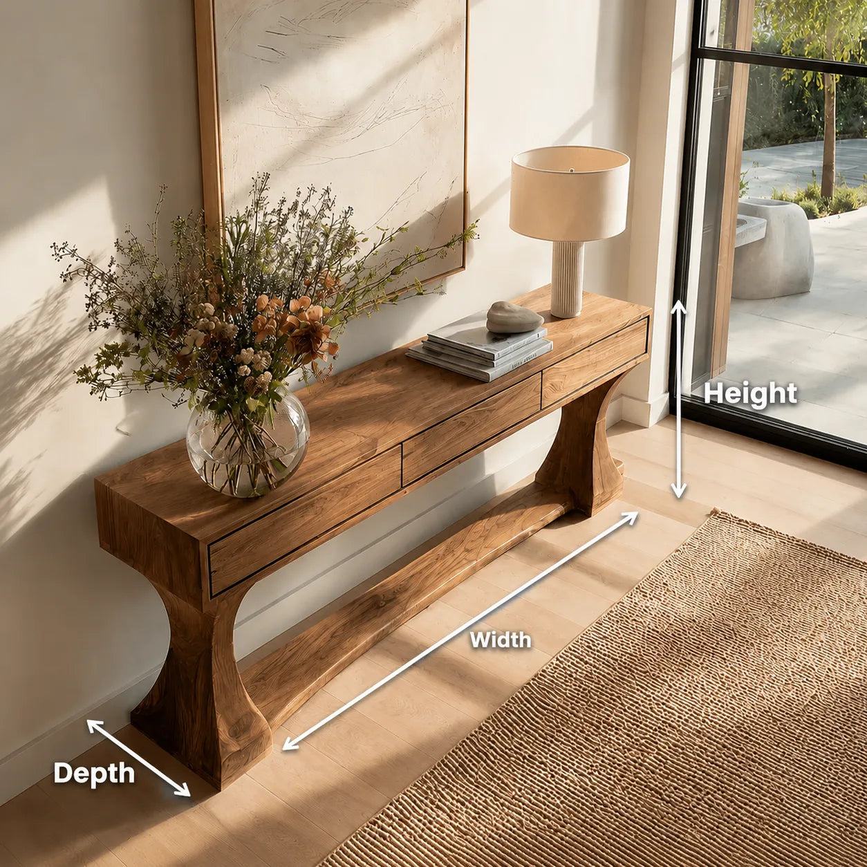 Natural Solid Wood Console Table with Drawers and Sculptural Base - Livewoodcraft - 9