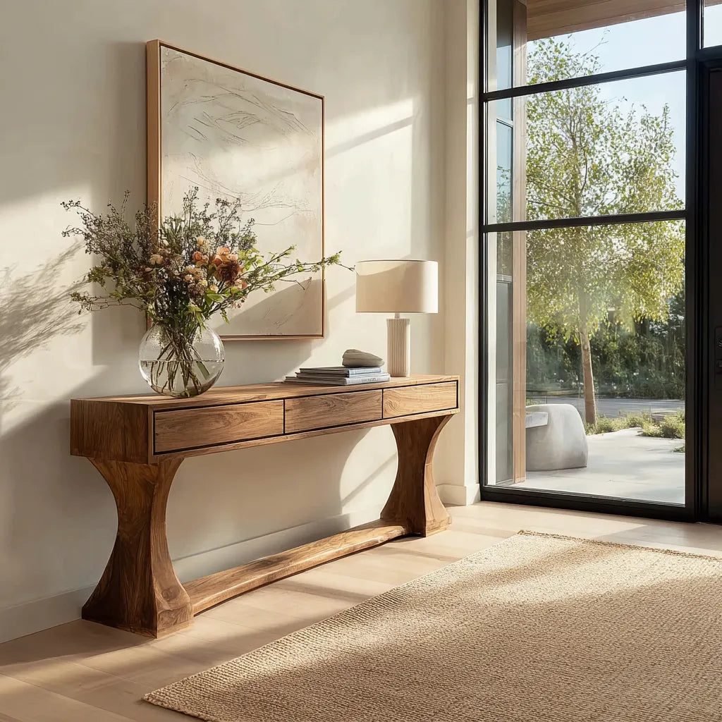 Natural Solid Wood Console Table with Drawers and Sculptural Base - Livewoodcraft