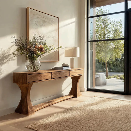 Natural Solid Wood Console Table with Drawers and Sculptural Base - Livewoodcraft
