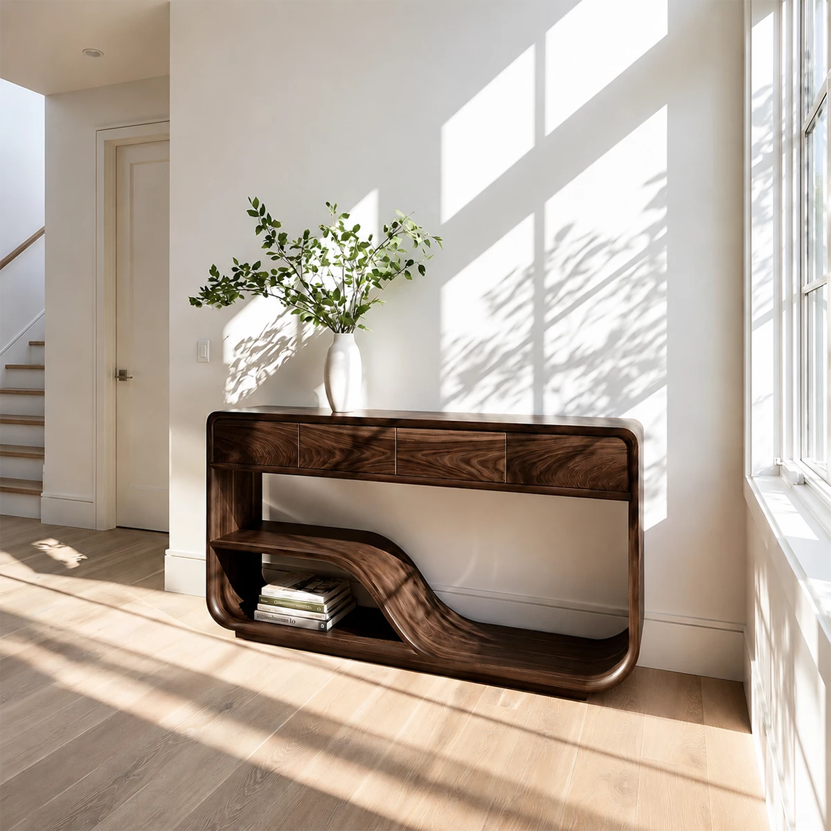Natural Solid Wood Console Table with Four Drawers Modern Sculptural Style - Livewoodcraft - 2
