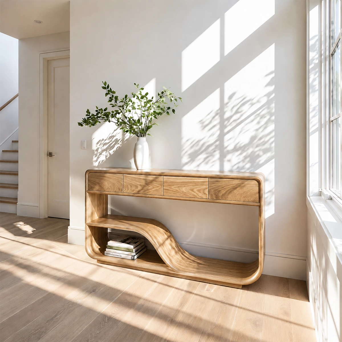Natural Solid Wood Console Table with Four Drawers Modern Sculptural Style - Livewoodcraft - 4