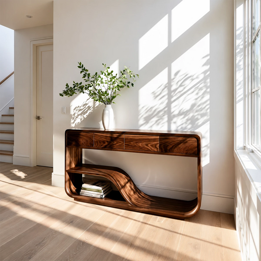 Natural Solid Wood Console Table with Four Drawers Modern Sculptural Style - Livewoodcraft