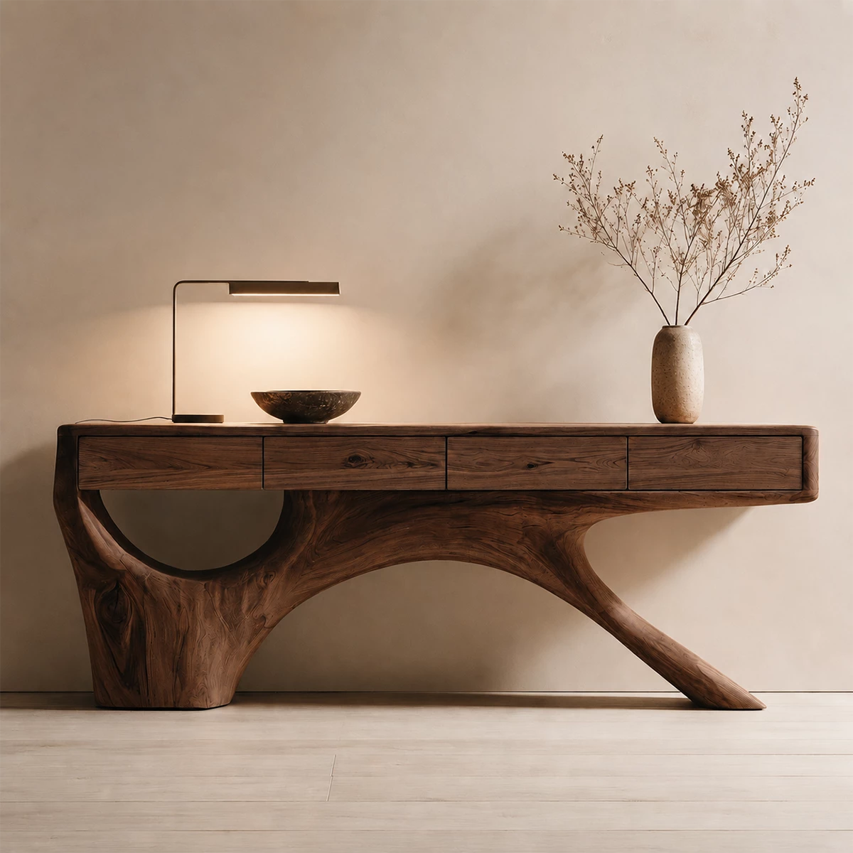 Natural Solid Wood Console Table with Four Drawers Sculptural Branch Style - Livewoodcraft - 2