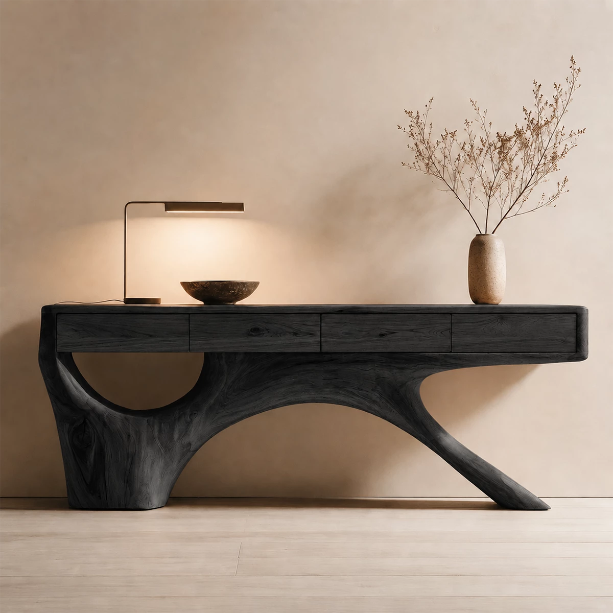 Natural Solid Wood Console Table with Four Drawers Sculptural Branch Style - Livewoodcraft - 3
