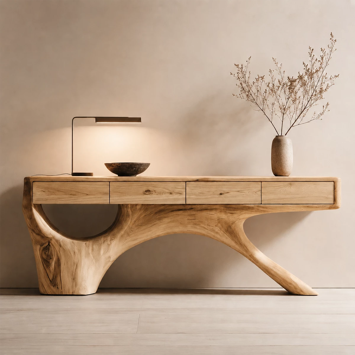 Natural Solid Wood Console Table with Four Drawers Sculptural Branch Style - Livewoodcraft - 4