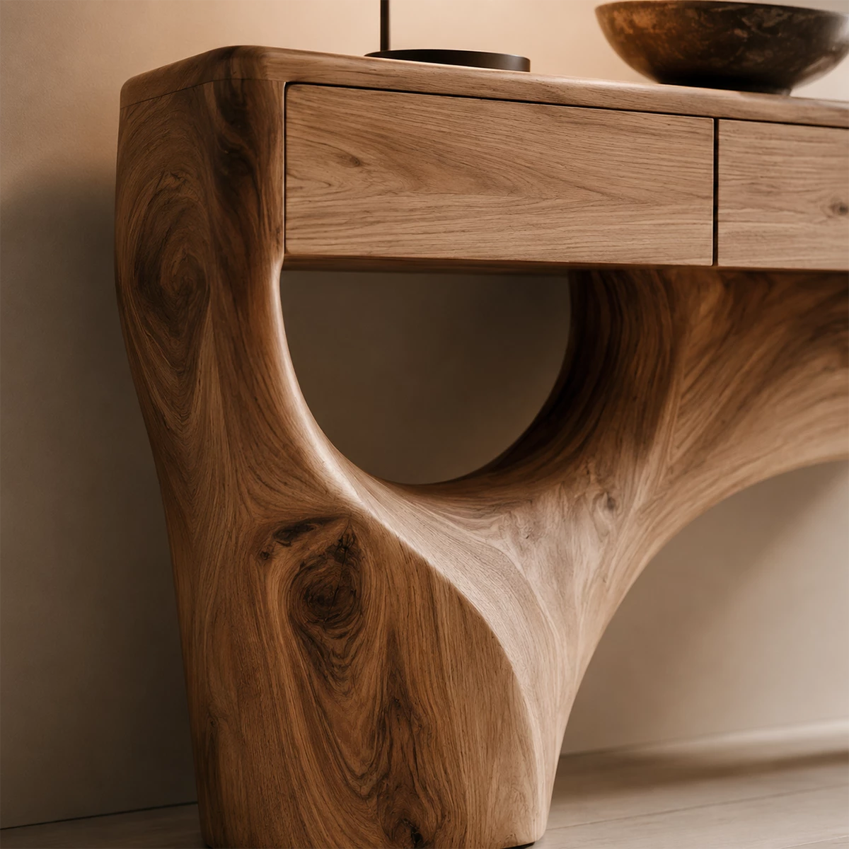 Natural Solid Wood Console Table with Four Drawers Sculptural Branch Style - Livewoodcraft - 5