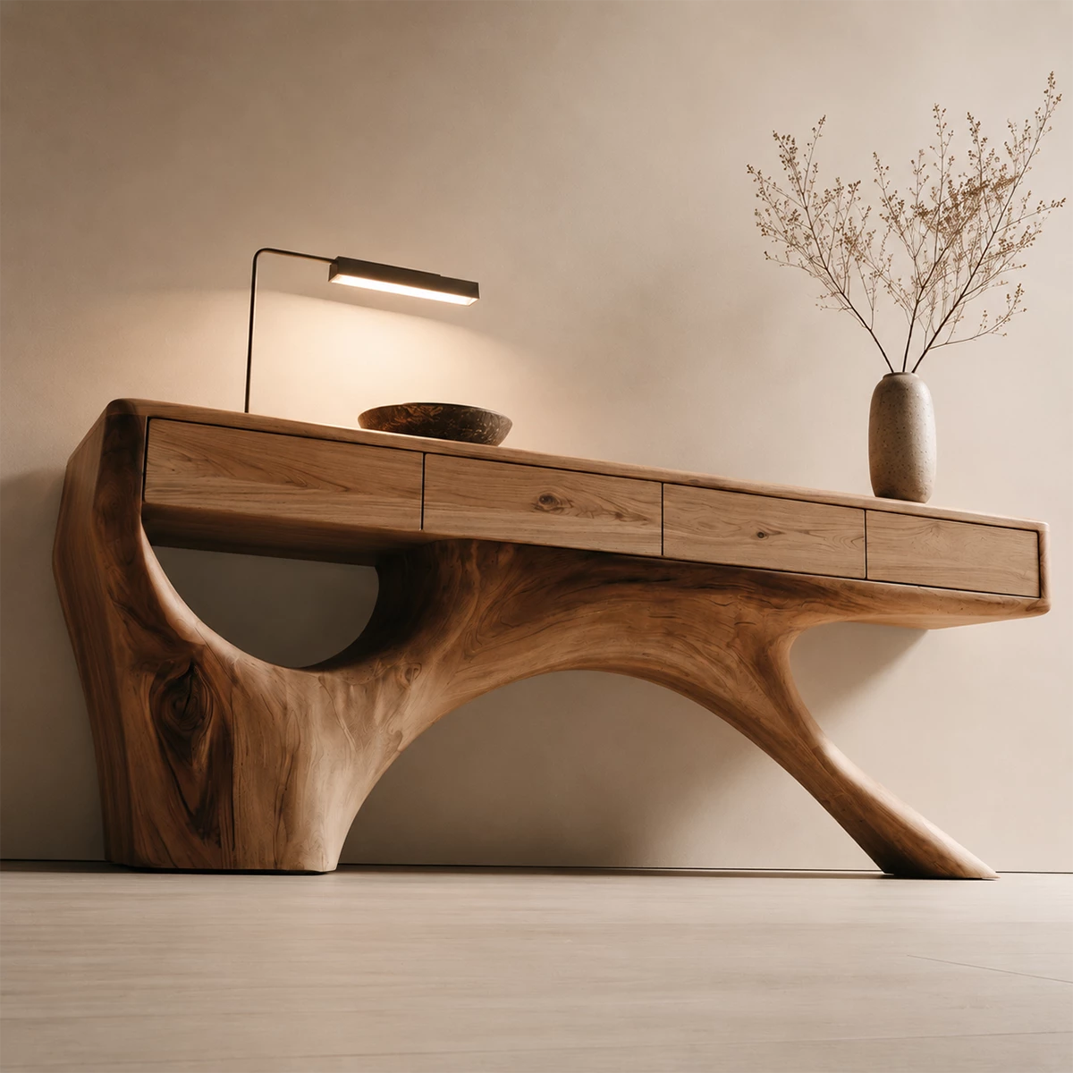 Natural Solid Wood Console Table with Four Drawers Sculptural Branch Style - Livewoodcraft - 6