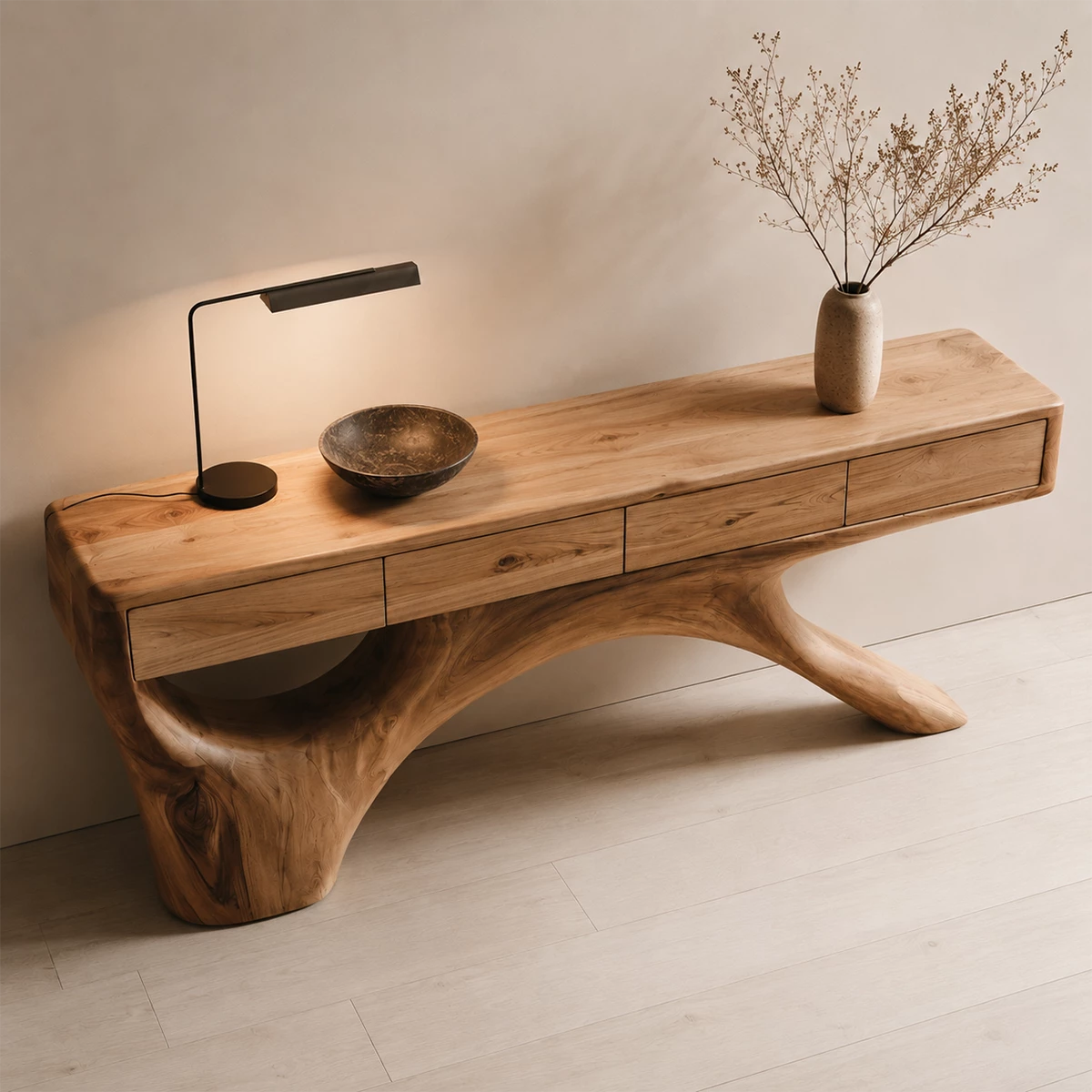 Natural Solid Wood Console Table with Four Drawers Sculptural Branch Style - Livewoodcraft - 7
