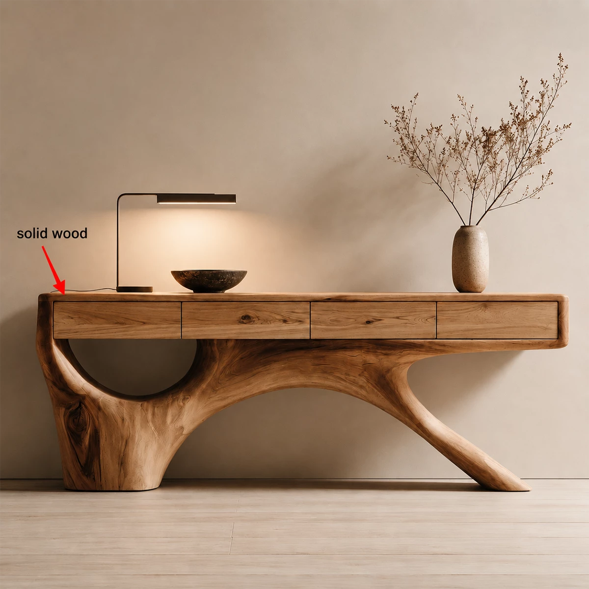 Natural Solid Wood Console Table with Four Drawers Sculptural Branch Style - Livewoodcraft - 9