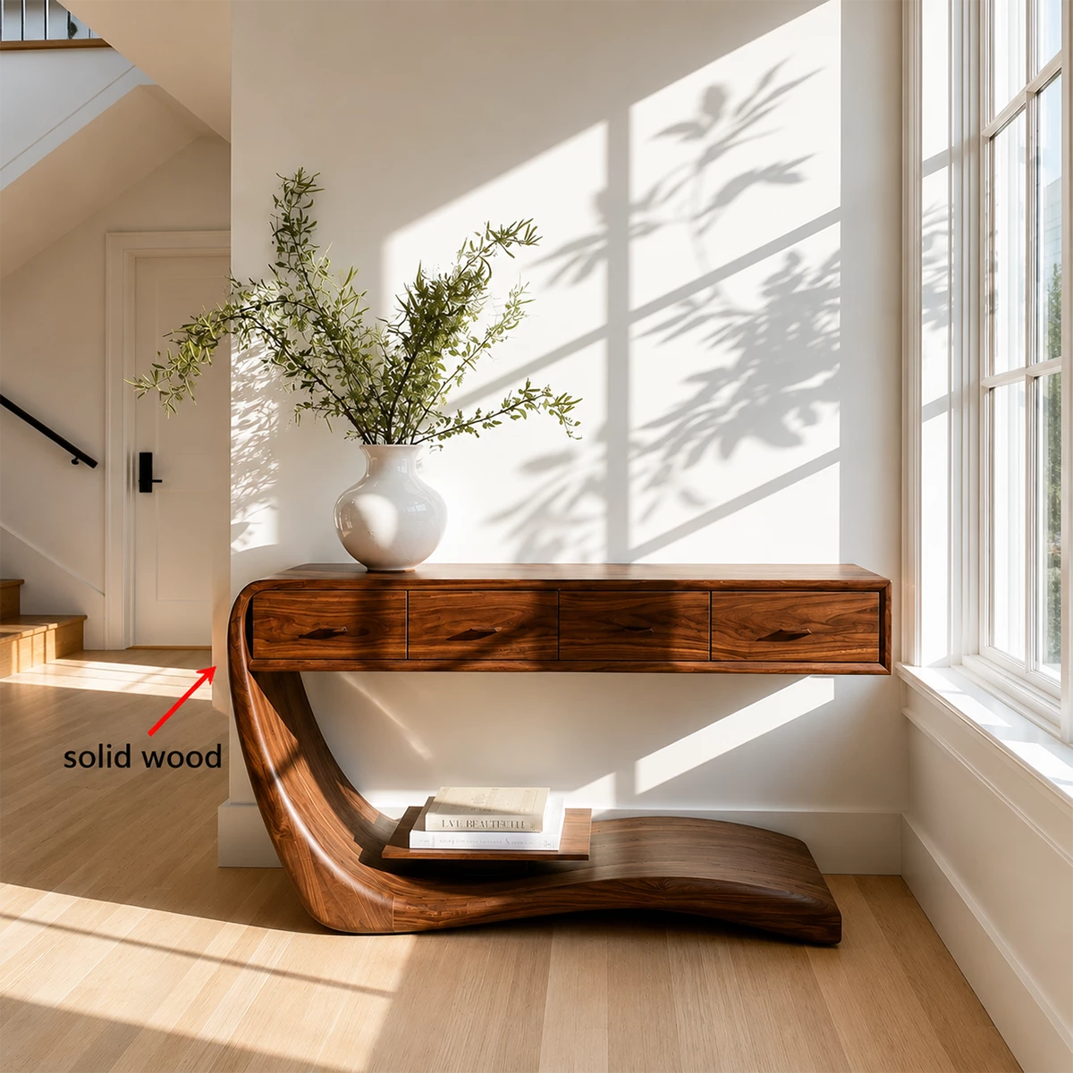 Natural Solid Wood Console Table with Four Drawers Sculptural Cantilever Style - Livewoodcraft - 11