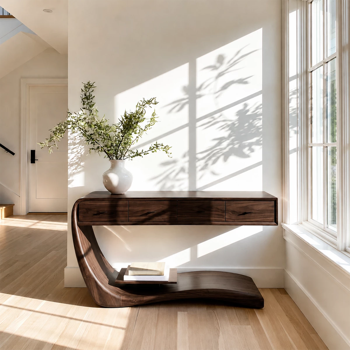 Natural Solid Wood Console Table with Four Drawers Sculptural Cantilever Style - Livewoodcraft - 2