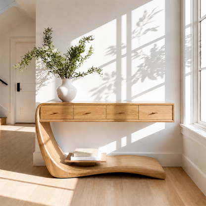 Natural Solid Wood Console Table with Four Drawers Sculptural Cantilever Style - Livewoodcraft - 4