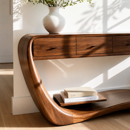 Natural Solid Wood Console Table with Four Drawers Sculptural Cantilever Style - Livewoodcraft - 5