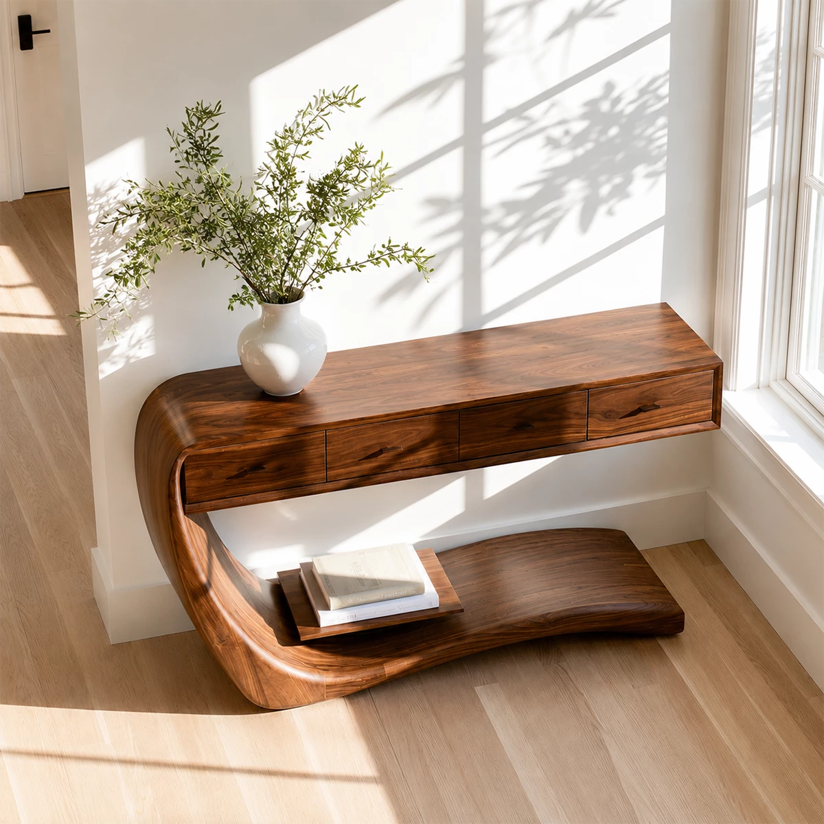 Natural Solid Wood Console Table with Four Drawers Sculptural Cantilever Style - Livewoodcraft - 6