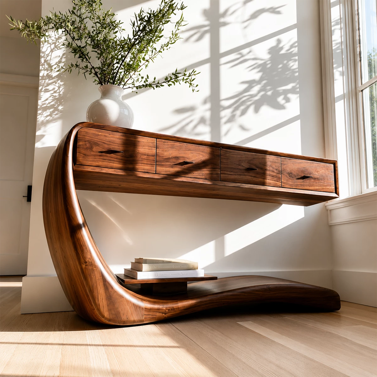 Natural Solid Wood Console Table with Four Drawers Sculptural Cantilever Style - Livewoodcraft - 7