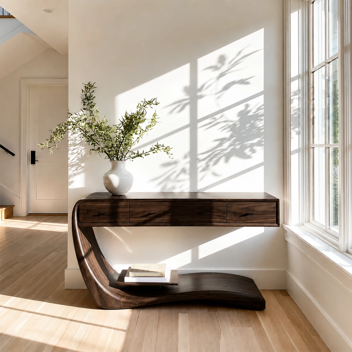 Natural Solid Wood Console Table with Four Drawers Sculptural Cantilever Style - Livewoodcraft - 8