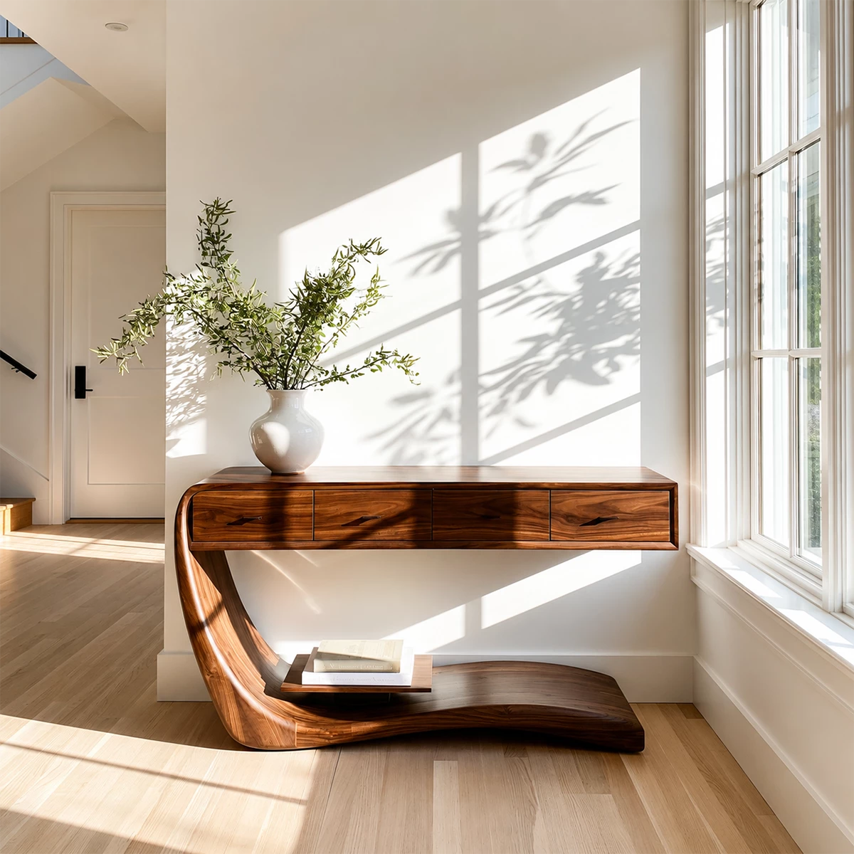 Natural Solid Wood Console Table with Four Drawers Sculptural Cantilever Style - Livewoodcraft - 9