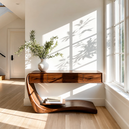Natural Solid Wood Console Table with Four Drawers Sculptural Cantilever Style - Livewoodcraft - 9