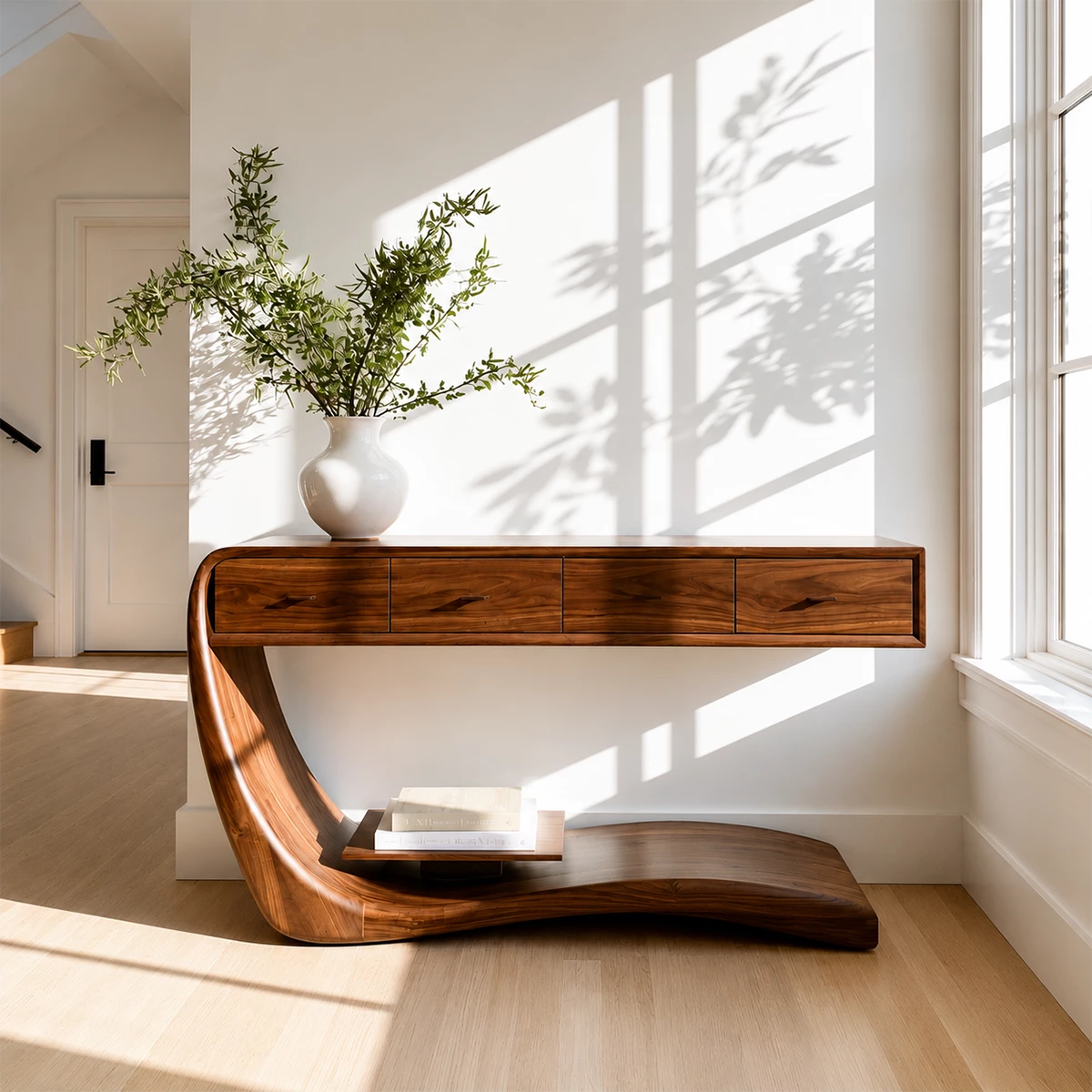 Natural Solid Wood Console Table with Four Drawers Sculptural Cantilever Style - Livewoodcraft