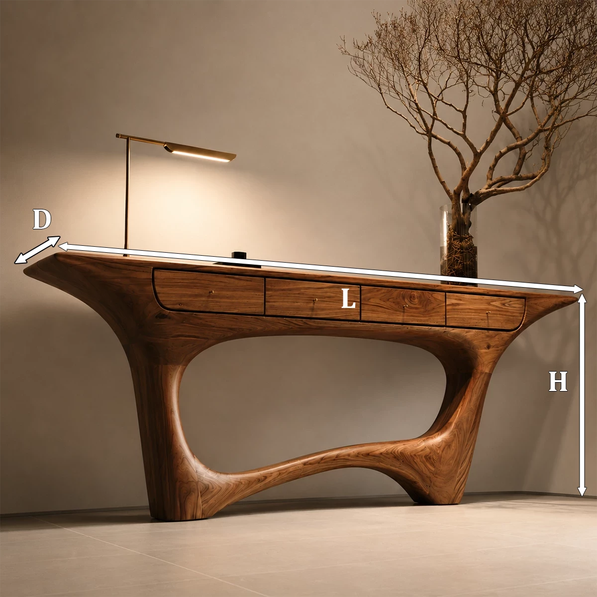 Natural Solid Wood Console Table with Four Drawers Sculptural Modern Style - Livewoodcraft - 10