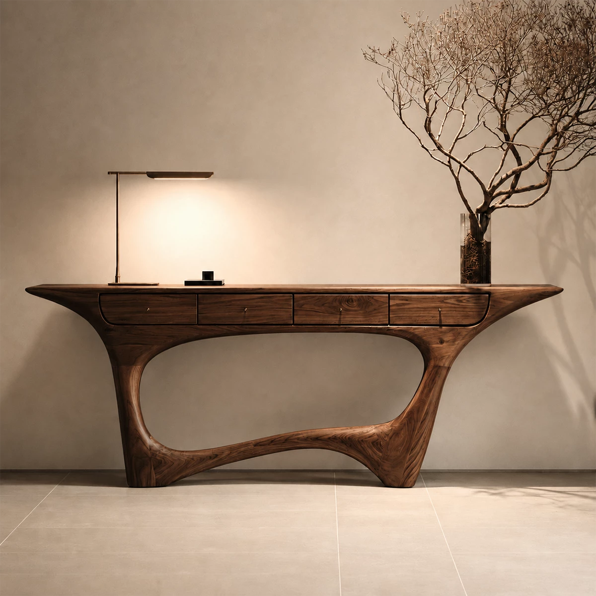 Natural Solid Wood Console Table with Four Drawers Sculptural Modern Style - Livewoodcraft - 2