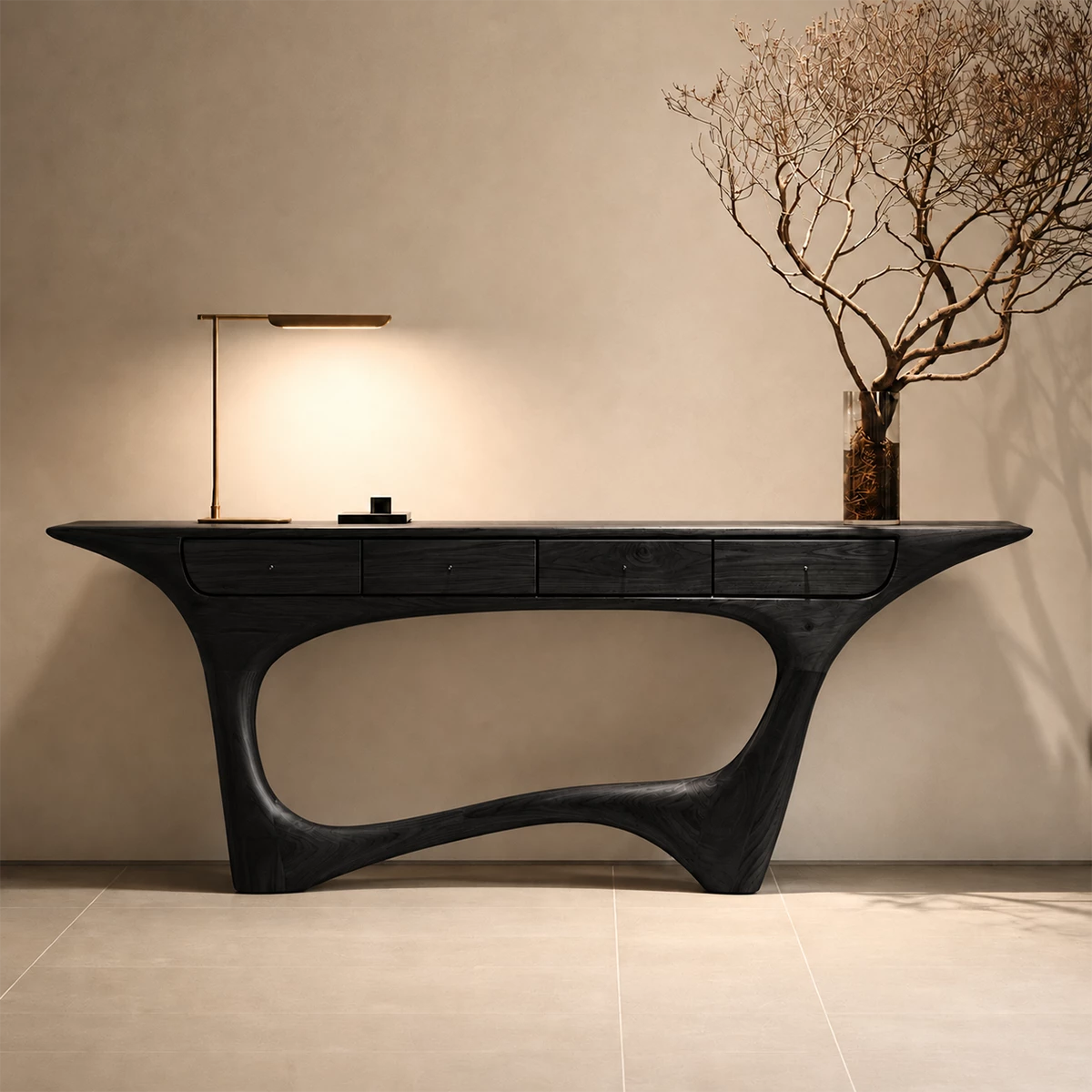 Natural Solid Wood Console Table with Four Drawers Sculptural Modern Style - Livewoodcraft - 3