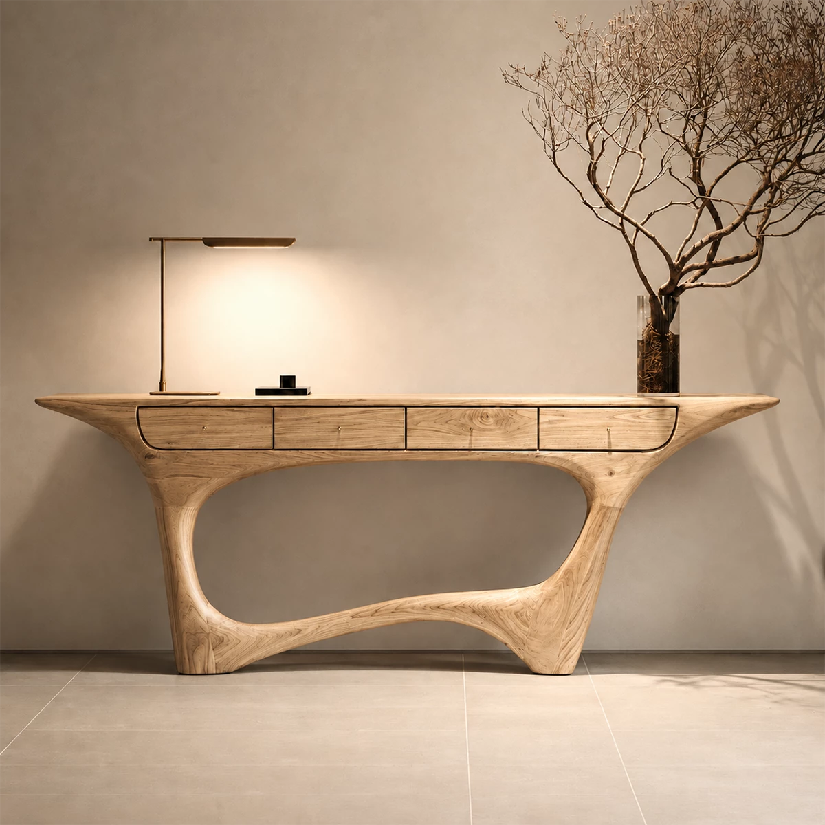 Natural Solid Wood Console Table with Four Drawers Sculptural Modern Style - Livewoodcraft - 4