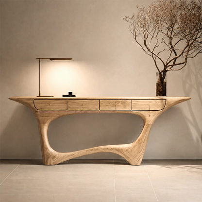 Natural Solid Wood Console Table with Four Drawers Sculptural Modern Style - Livewoodcraft - 4