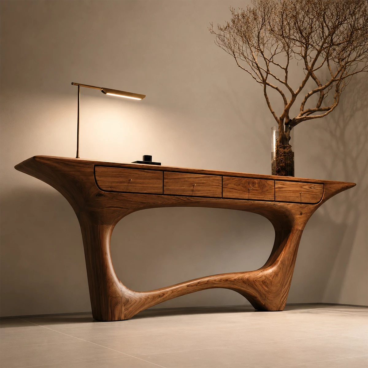 Natural Solid Wood Console Table with Four Drawers Sculptural Modern Style - Livewoodcraft - 7