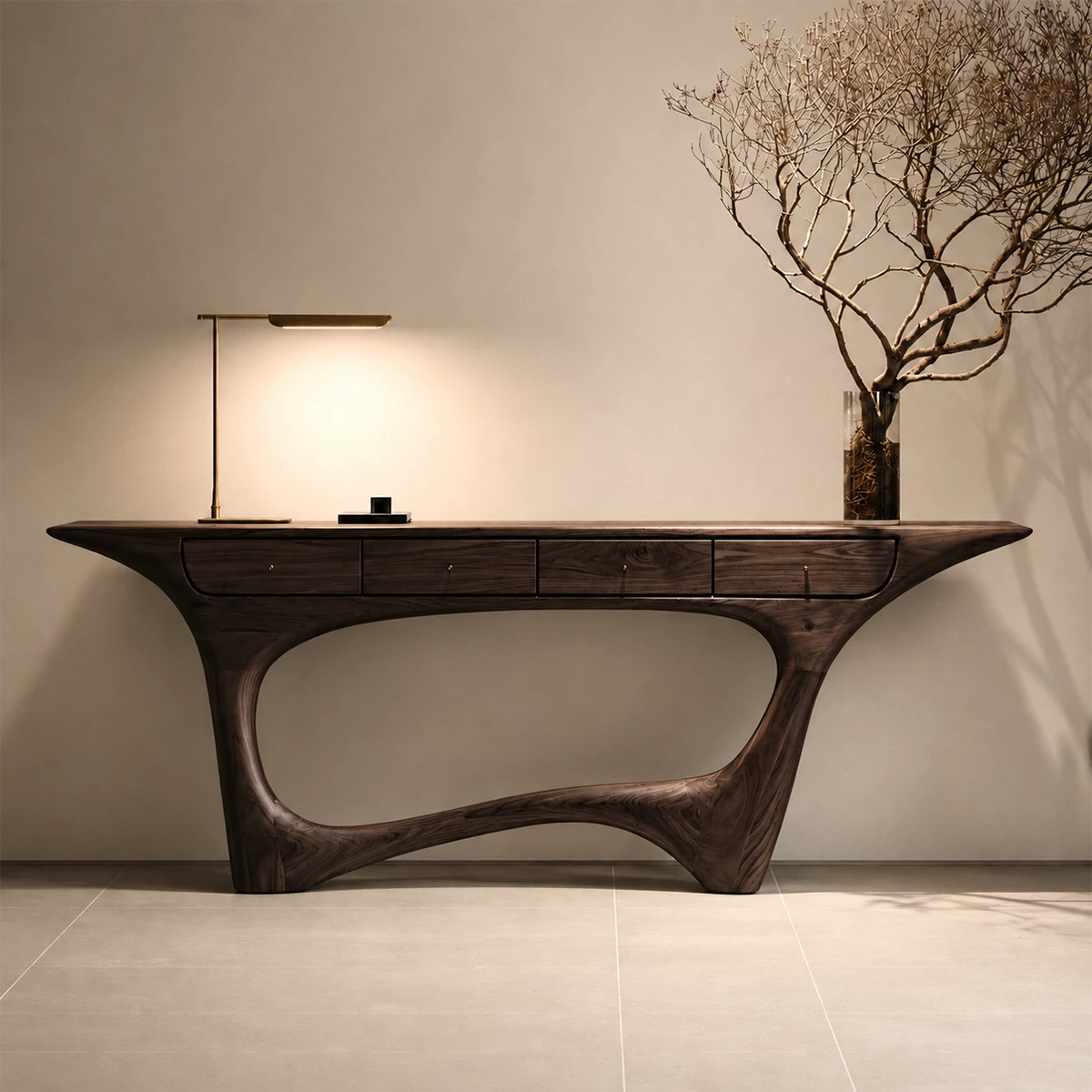 Natural Solid Wood Console Table with Four Drawers Sculptural Modern Style - Livewoodcraft - 8