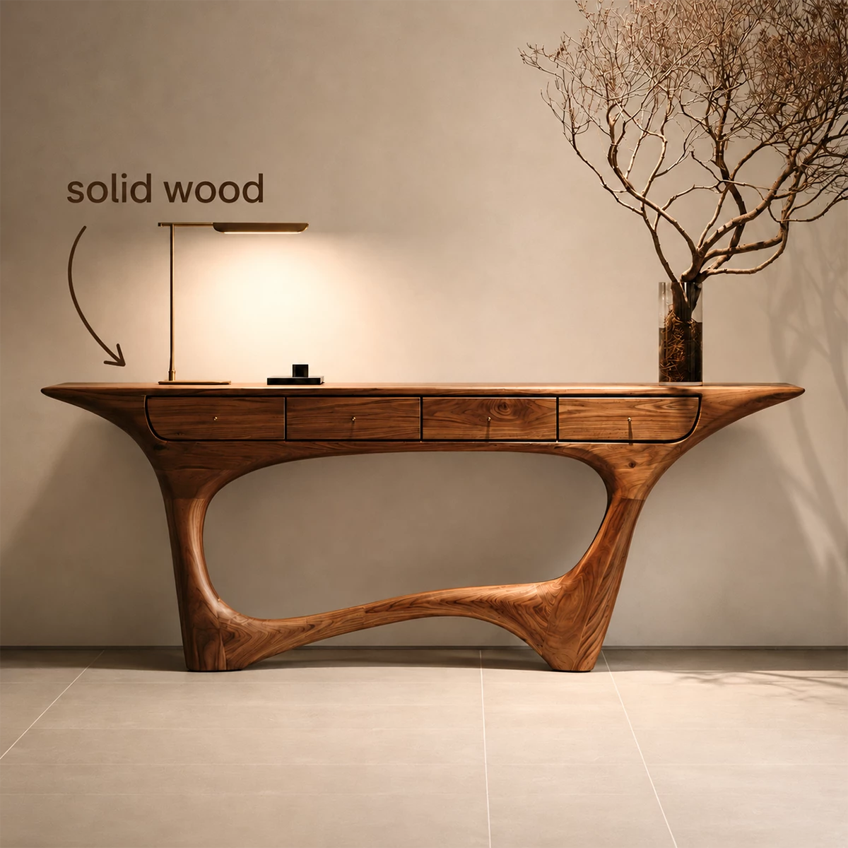 Natural Solid Wood Console Table with Four Drawers Sculptural Modern Style - Livewoodcraft - 9