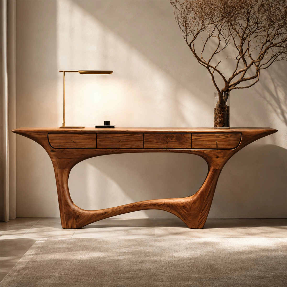 Natural Solid Wood Console Table with Four Drawers Sculptural Modern Style - Livewoodcraft