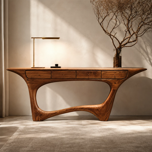 Natural Solid Wood Console Table with Four Drawers Sculptural Modern Style - Livewoodcraft