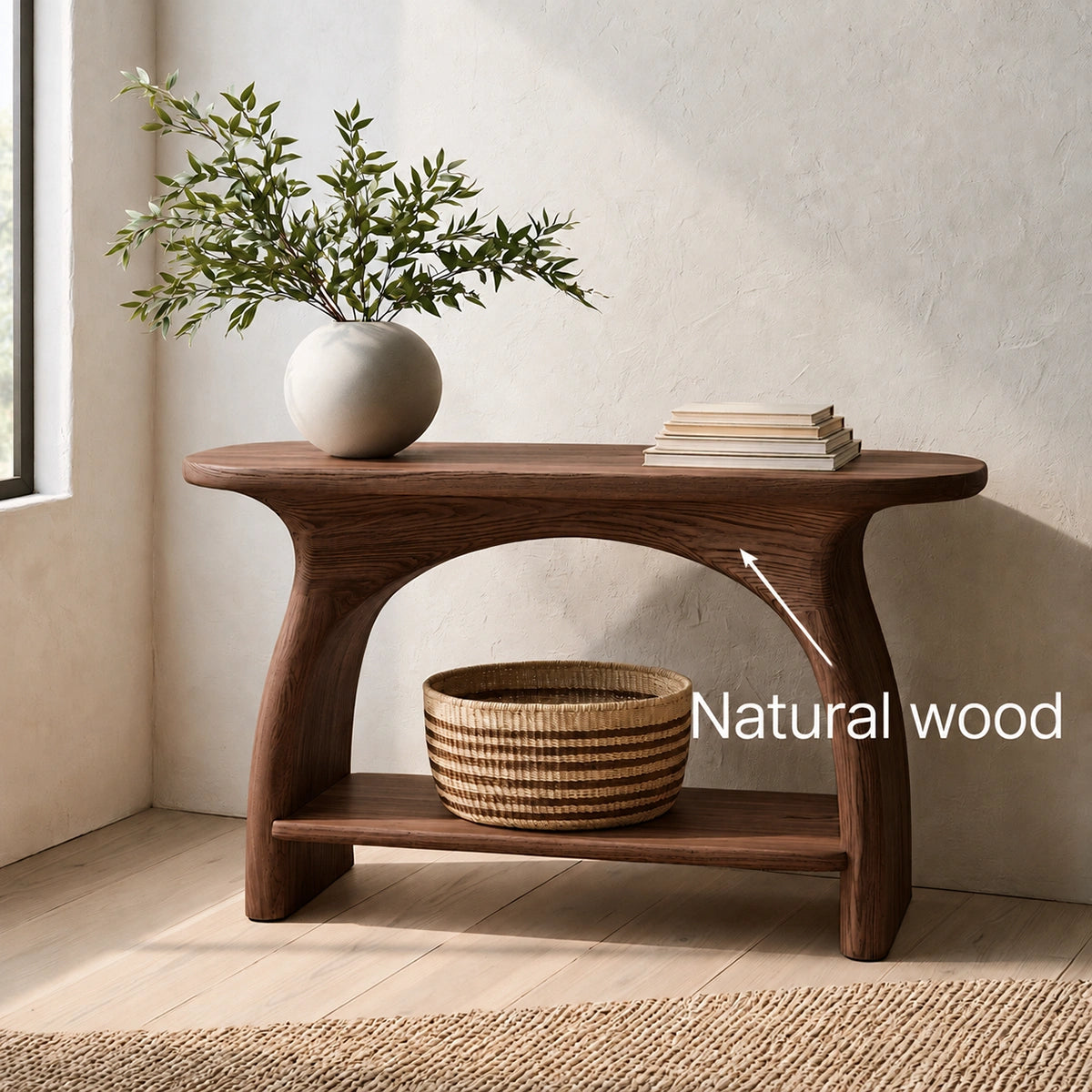 Natural Solid Wood Console Table with Sculptural Arch Base and Open Shelf - Livewoodcraft - 10