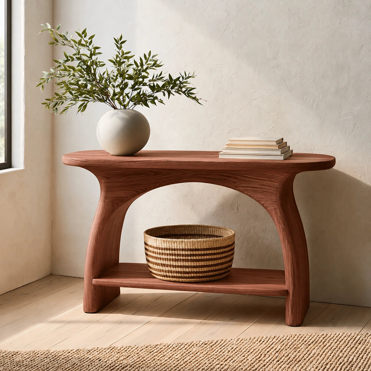 Natural Solid Wood Console Table with Sculptural Arch Base and Open Shelf - Livewoodcraft - 2