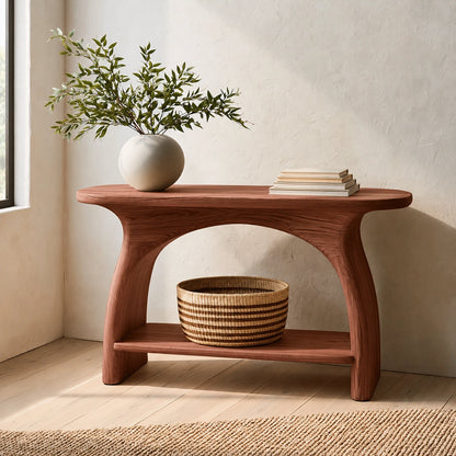 Natural Solid Wood Console Table with Sculptural Arch Base and Open Shelf - Livewoodcraft - 2