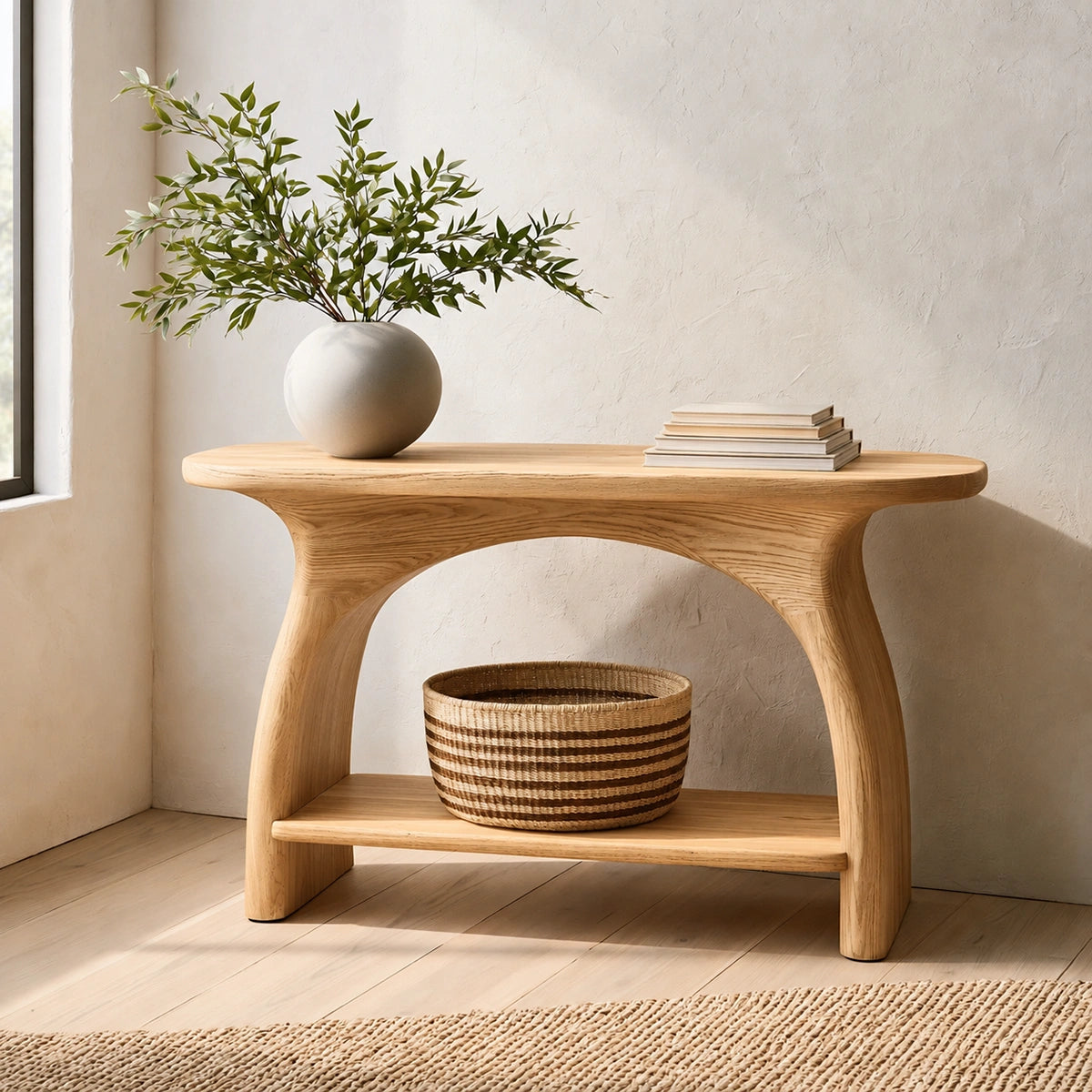 Natural Solid Wood Console Table with Sculptural Arch Base and Open Shelf - Livewoodcraft - 3