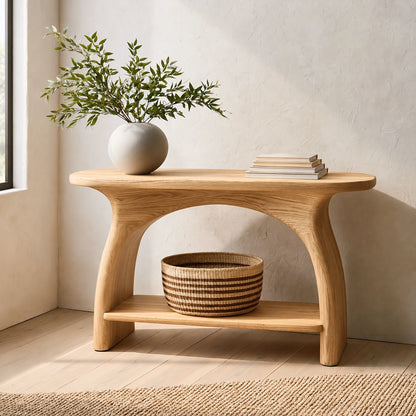 Natural Solid Wood Console Table with Sculptural Arch Base and Open Shelf - Livewoodcraft - 3