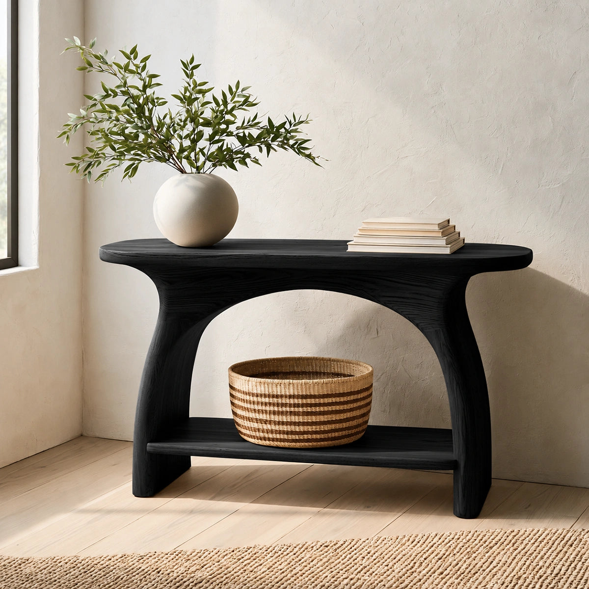 Natural Solid Wood Console Table with Sculptural Arch Base and Open Shelf - Livewoodcraft - 4