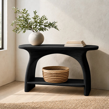 Natural Solid Wood Console Table with Sculptural Arch Base and Open Shelf - Livewoodcraft - 4