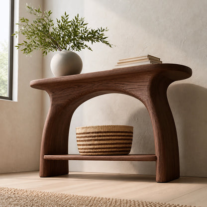Natural Solid Wood Console Table with Sculptural Arch Base and Open Shelf - Livewoodcraft - 6