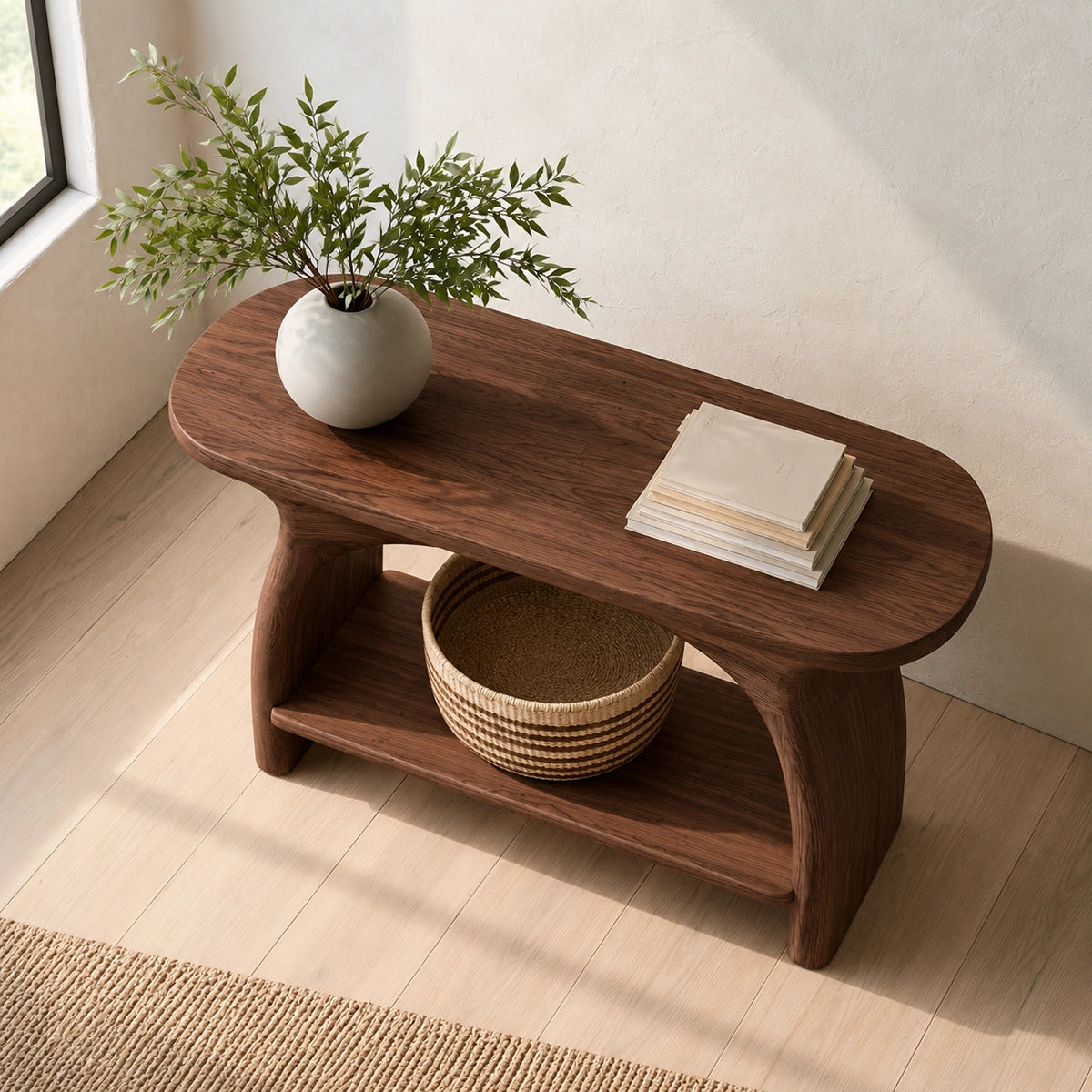 Natural Solid Wood Console Table with Sculptural Arch Base and Open Shelf - Livewoodcraft - 7