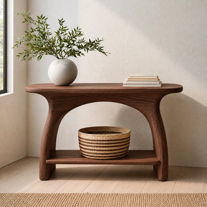 Natural Solid Wood Console Table with Sculptural Arch Base and Open Shelf - Livewoodcraft - 8