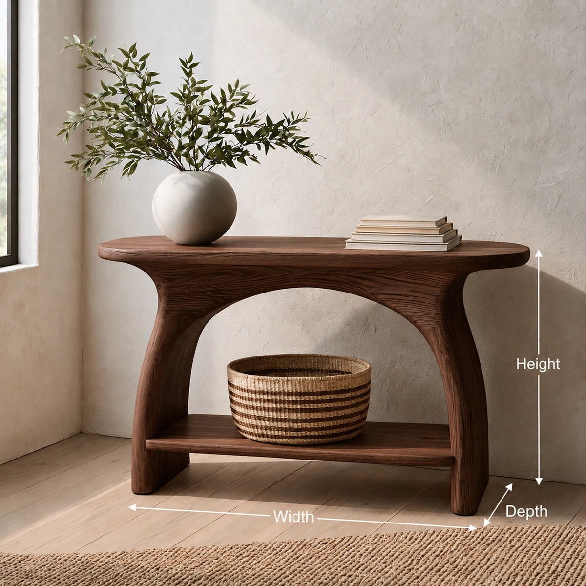 Natural Solid Wood Console Table with Sculptural Arch Base and Open Shelf - Livewoodcraft - 9