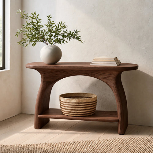 Natural Solid Wood Console Table with Sculptural Arch Base and Open Shelf - Livewoodcraft