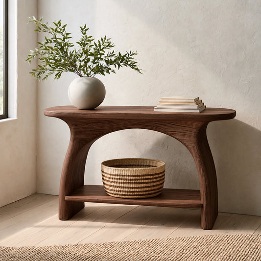 Natural Solid Wood Console Table with Sculptural Arch Base and Open Shelf - Livewoodcraft