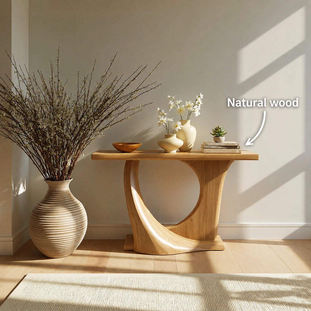 Natural Solid Wood Console Table with Sculptural Circle Base - Livewoodcraft - 10