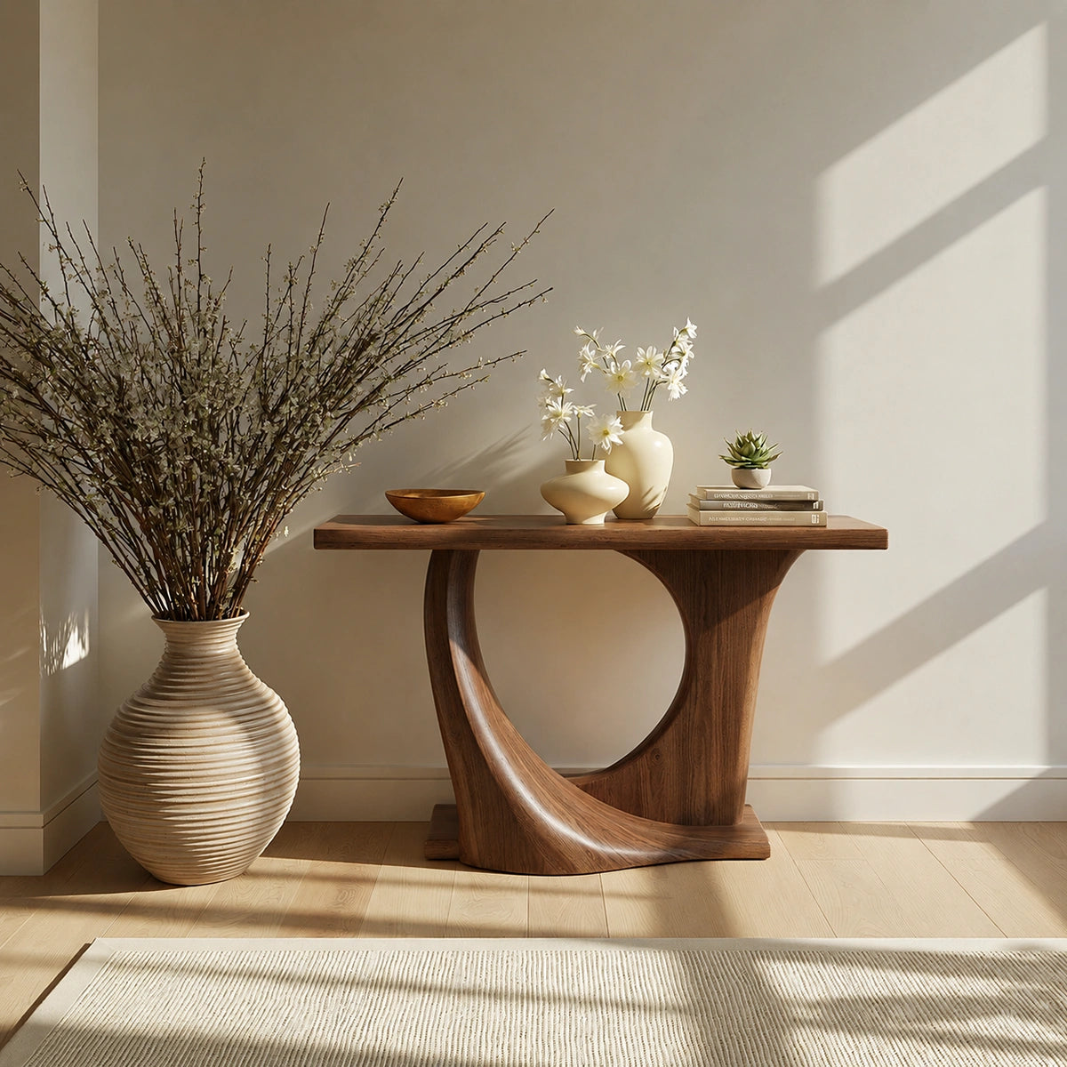 Natural Solid Wood Console Table with Sculptural Circle Base - Livewoodcraft - 2